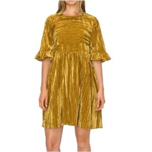 NWOT Melloday Ruffle Sleeve Crinkle Velvet Mini Dress in Gold Women's XS